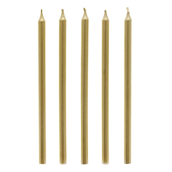 Tall Metallic Gold Cake Candles & Holders - Pack of 10 