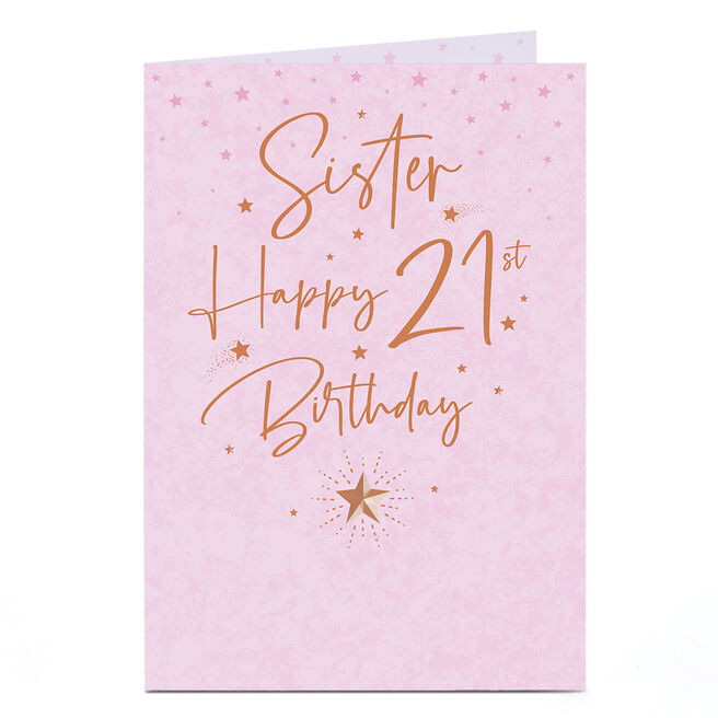 21st Birthday Card - Pink Stars and Gold Script, Sister