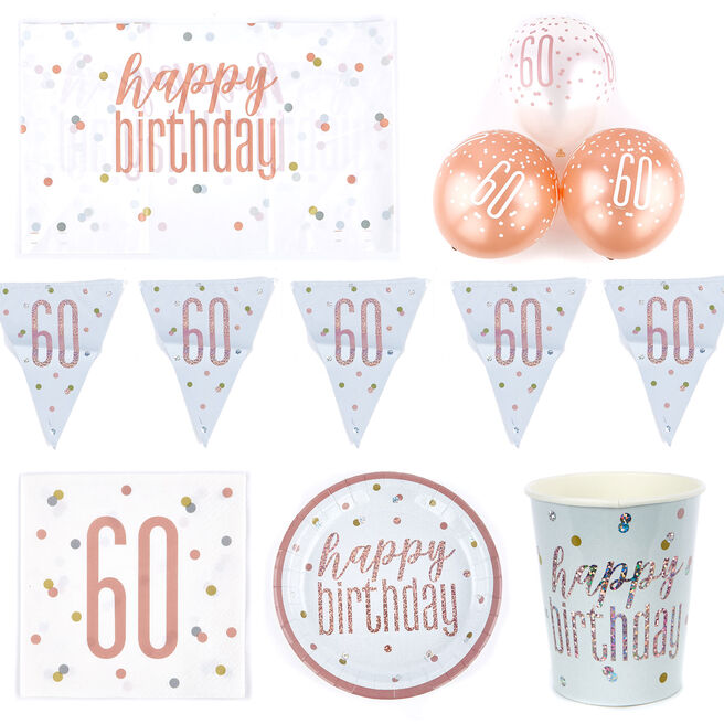 Rose Gold 60th Birthday Tableware & Decoration Bundle - 78 pieces