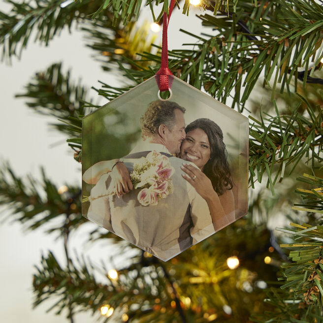 Personalised Glass Hexagon Photo Christmas Tree Ornament