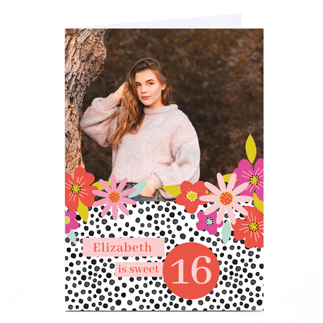 Photo 16th Birthday Card - Flowers and Polkadots, Sweet 16