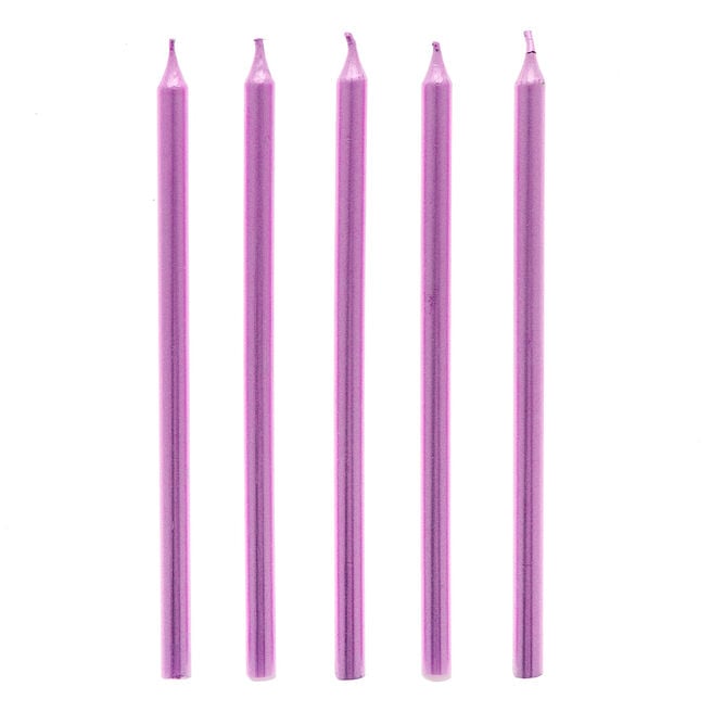 Tall Metallic Pink Cake Candles & Holders - Pack of 10