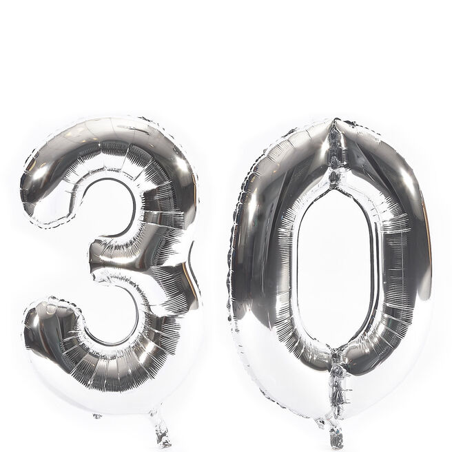 Age 30 Giant Foil Helium Numeral Balloons - Silver (deflated)