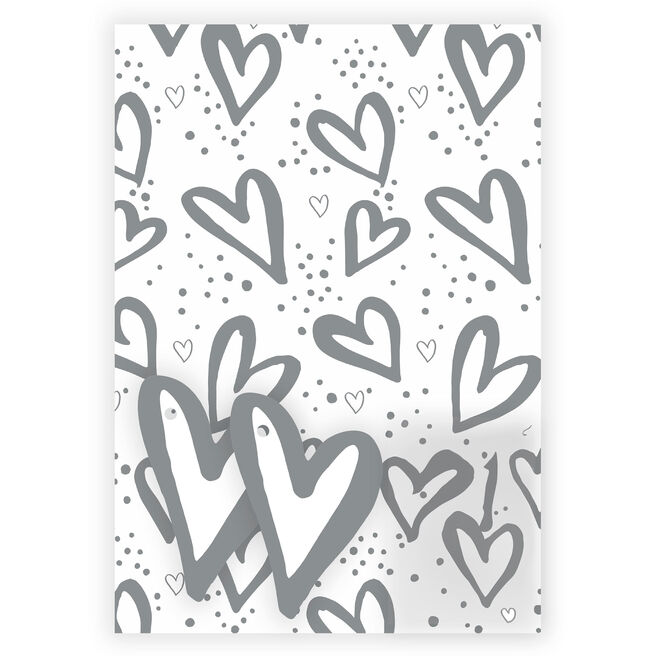 Silver Hearts Wrapping Paper - 2 Sheets & 2 Tags