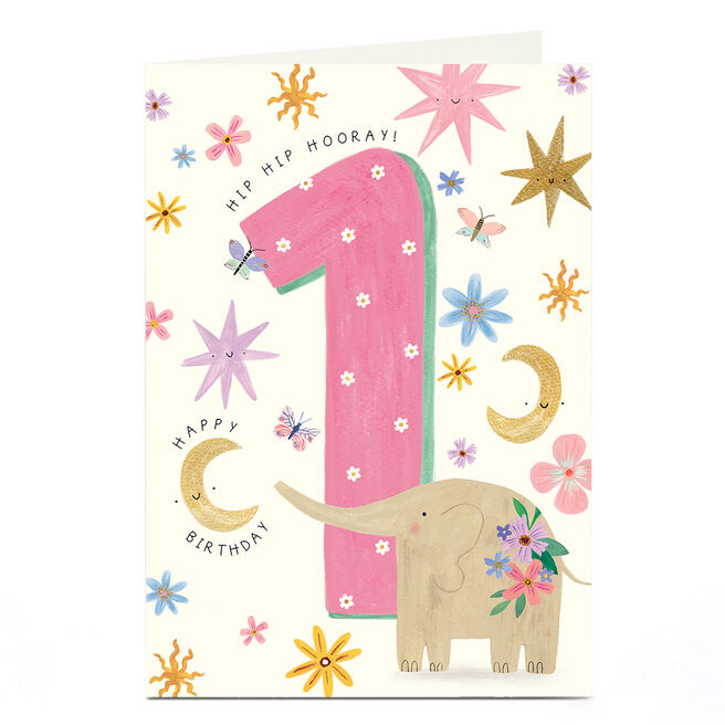 1st Birthday Card - Pink Elephant Moons and Stars