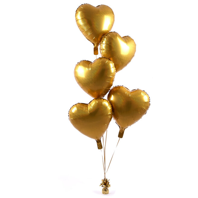 5 Gold Hearts Balloon Bouquet - DELIVERED INFLATED!