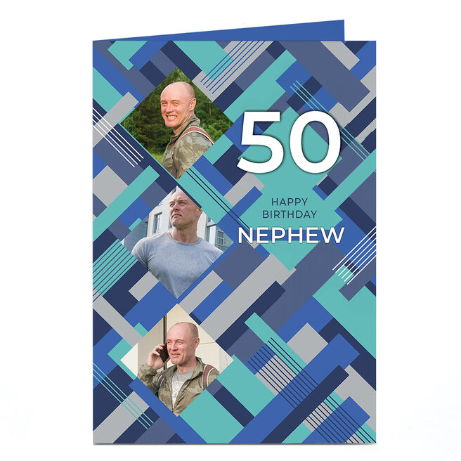 Photo Birthday Card - Geometric Blue, Nephew, Editable Age