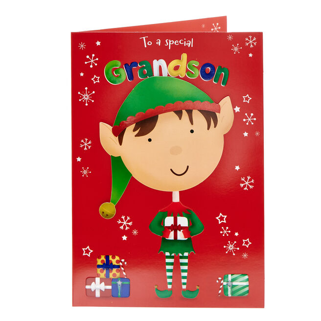 Grandson Cartoon Elf Christmas Card
