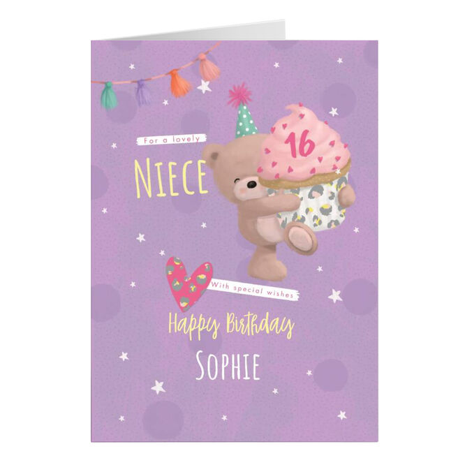 Hugs Bear Personalised Birthday Card - Niece Cupcake, Editable Age
