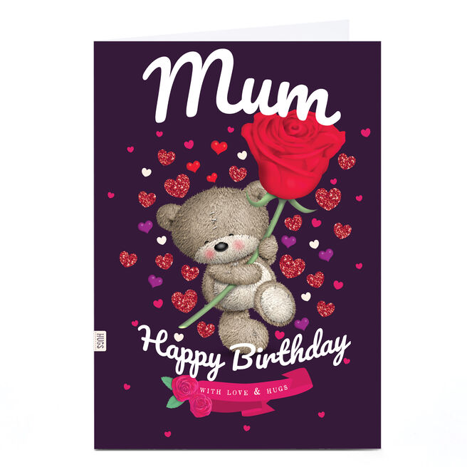 Personalised Hugs Bear Birthday Card - Bear with Rose, Mum