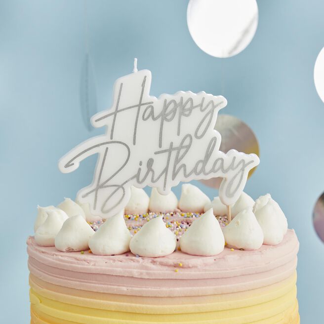 Silver Happy Birthday Cake Candle 