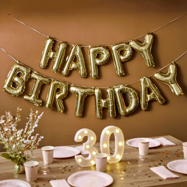 Happy Birthday Letter Balloon Banner - Gold