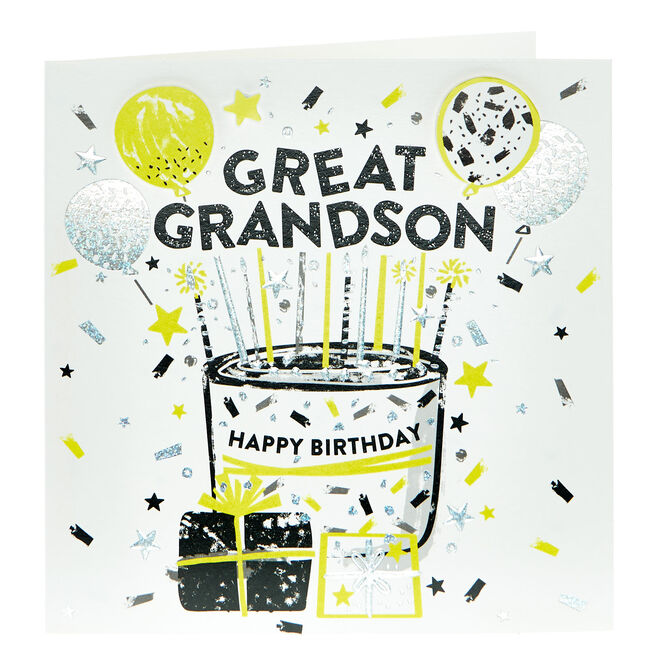 Great Grandson Black & Yellow Balloons Birthday Card