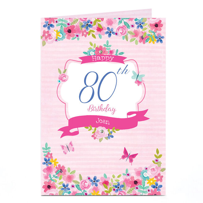 Personalised Birthday Card - Flowers & Stripes, Editable Age