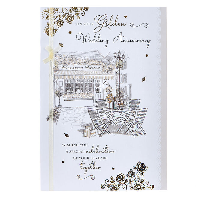 Golden Wedding Anniversary Card - Brasserie Scene 