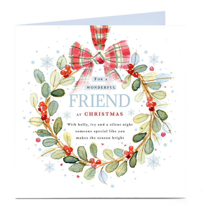 Personalised Christmas Card - Gingham Bow Wreath, Friend