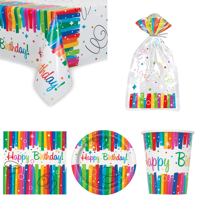 Rainbow Ribbons Birthday Tableware & Decorations - 16 Guests