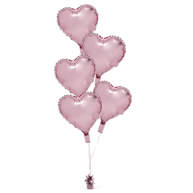 5 Baby Pink Hearts Balloon Bouquet - DELIVERED INFLATED!