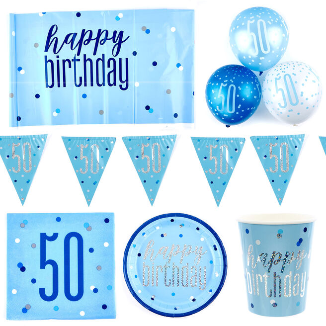 Blue 50th Birthday Party Tableware & Decorations Bundle - 16 Guests