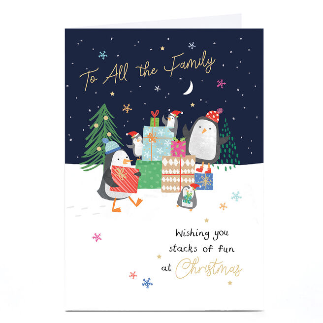 Personalised Christmas Card - Penguins with Presents, To All the Family