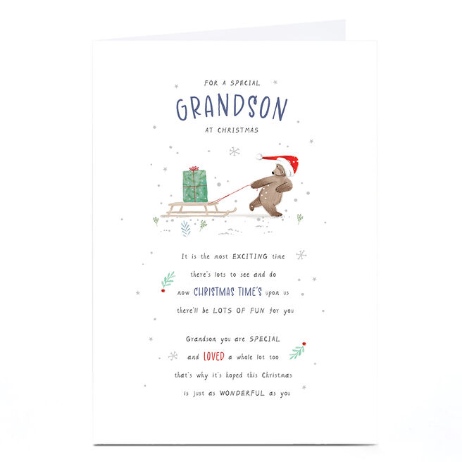 Personalised Christmas Card - Bear Pulling Sledge, Grandson