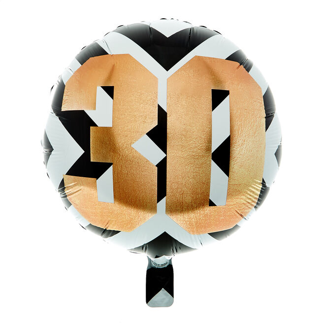 18-Inch Black, White & Gold 30th Birthday Foil Helium Balloon