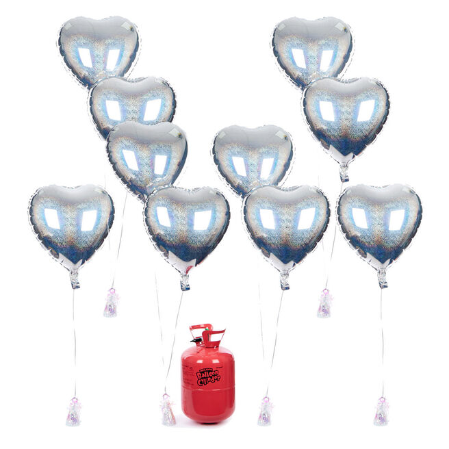 Party Balloon Bundle - 10 Silver Hearts & Helium 