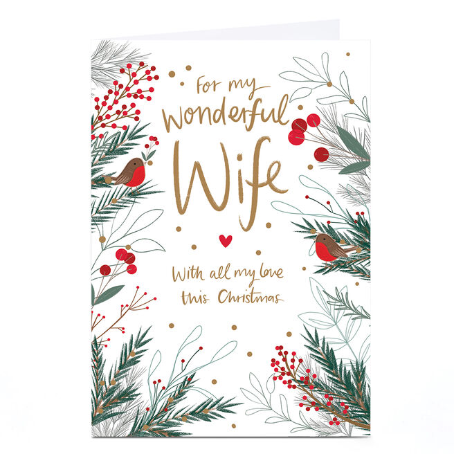 Personalised Christmas Card - Robins on Branches, Wife