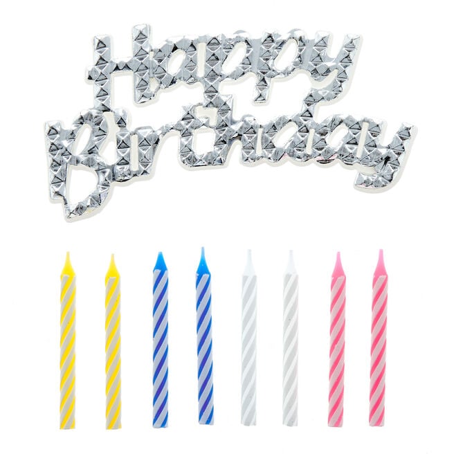 Silver Happy Birthday Cake Topper & 12 Candles
