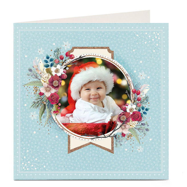 Photo Upload Christmas Card - Blue Floral