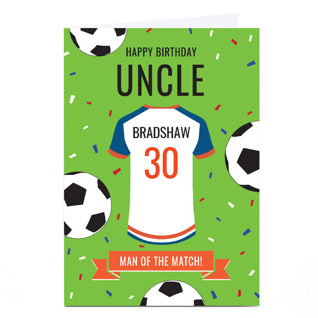 Personalised Birthday Card - Man of the Match Football Shirt, Editable Age