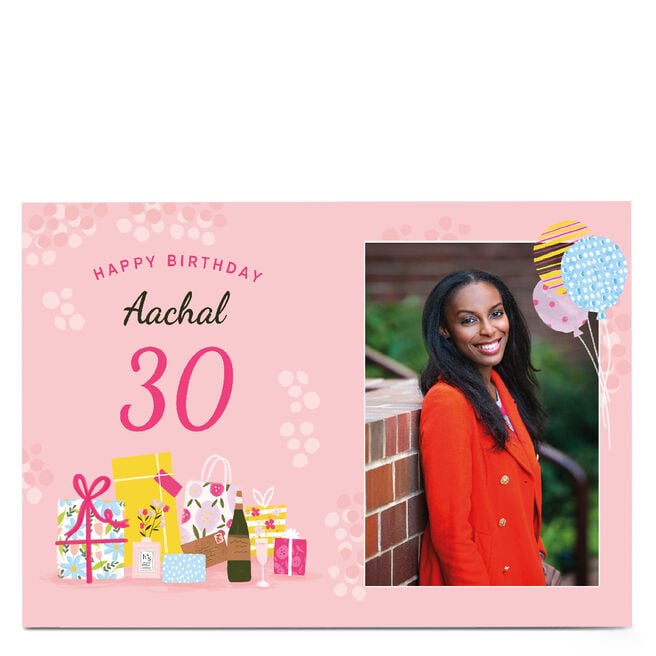 Photo 30th Birthday Card - Presents & Balloons
