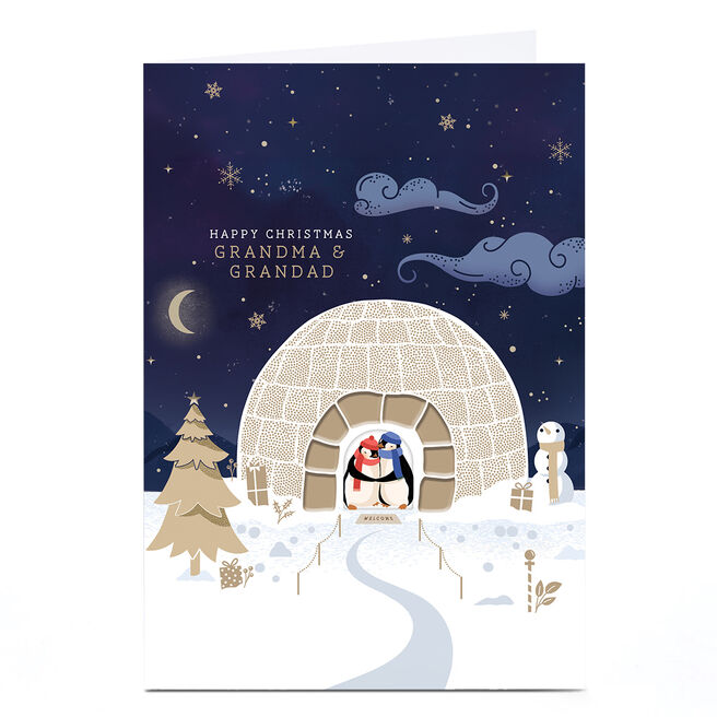 Christmas Card - Penguin Cuddles in Igloo, Grandma & Grandad