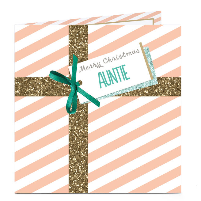 Personalised Christmas Card - Gold Glitter Present Auntie