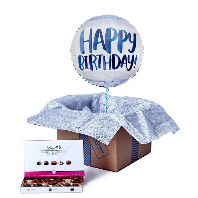 Blue Watercolour Happy Birthday Balloon & Lindt Chocolates - FREE GIFT CARD!