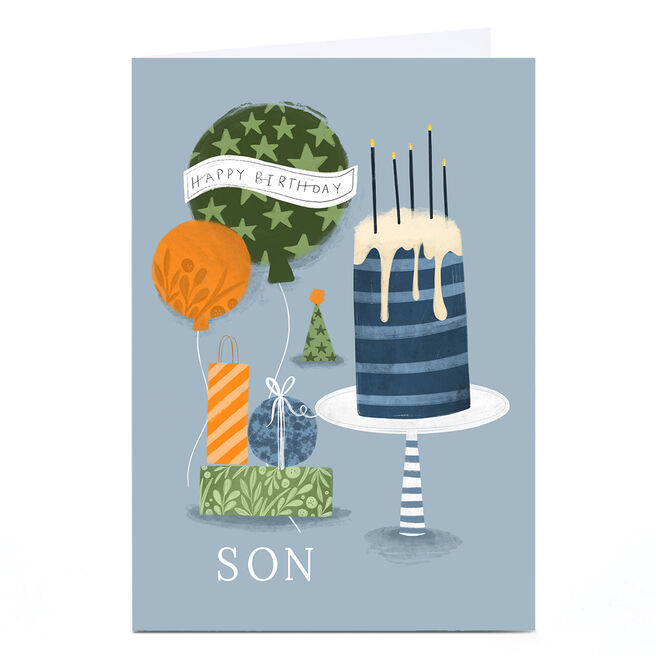 Personalised Lucy Hook  Birthday Card - Son Balloons & Cake