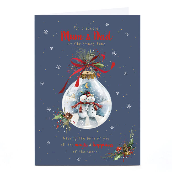 Personalised Christmas Card - Snowmen Inside Bauble, Mum & Dad