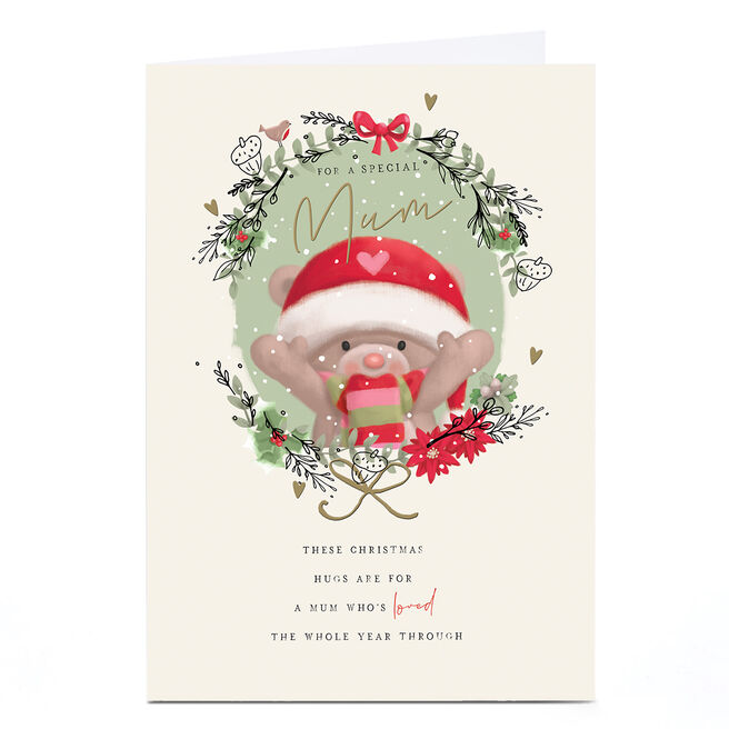 Personalised Hugs Christmas Card - Bear in Scarf, Mum