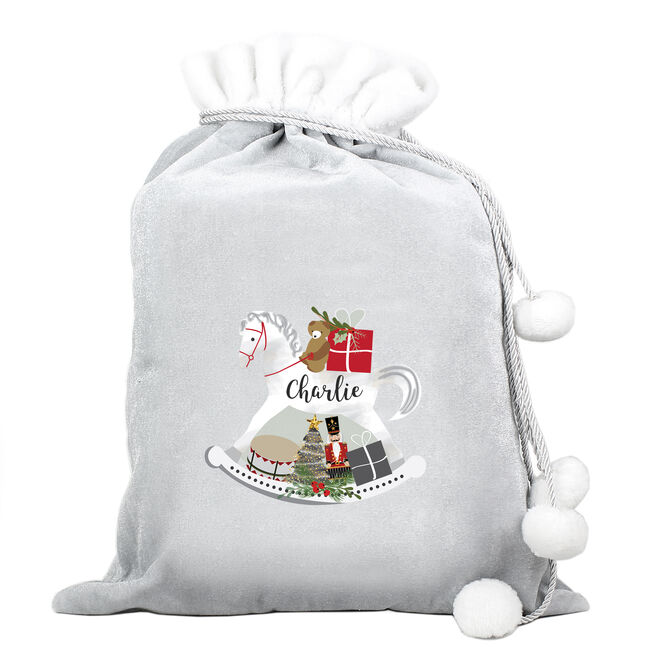 Personalised Silver Rocking Horse Pom-Pom Christmas Sack