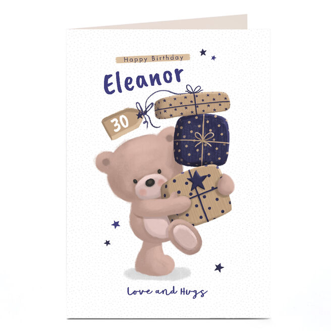 Personalised Hugs Birthday Card - Pile of Presents, Editable Age