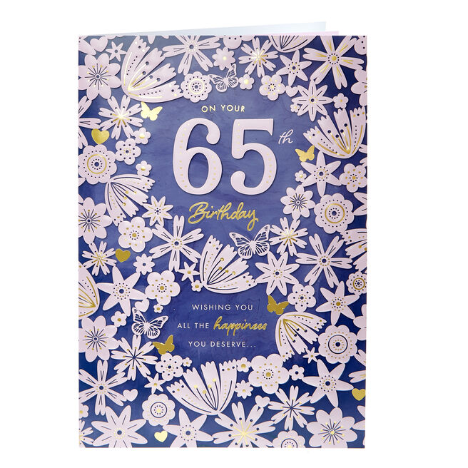 65th Birthday Card - Purple Floral Pattern