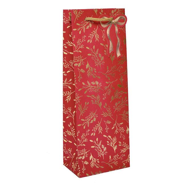 Red & Gold Foliage With Bow Christmas Bottle Gift Bag