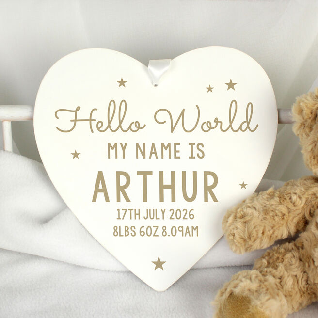 Personalised Hello World Large Wooden Heart Decoration