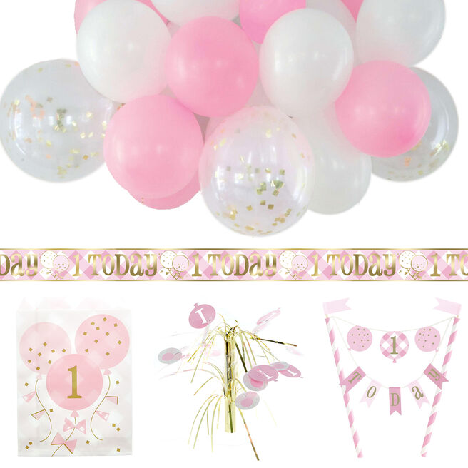 Pink Gingham 1st Birthday Party Accessories Bundle - 20 Pieces 