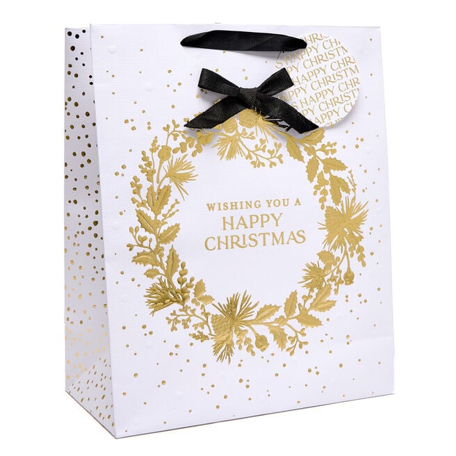 Happy Christmas Gold Wreath Large Portrait Gift Bag