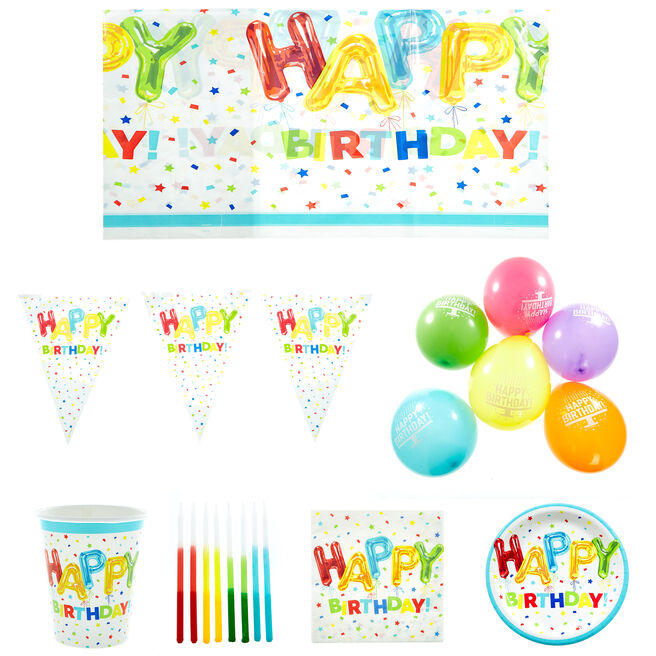 Happy Birthday Balloons Party Tableware & Decorations Bundle - 8 Guests