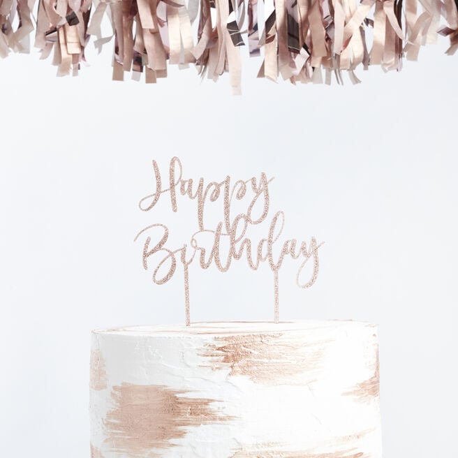Metallic Rose Gold Happy Birthday Script Glitter Acrylic Cake Topper