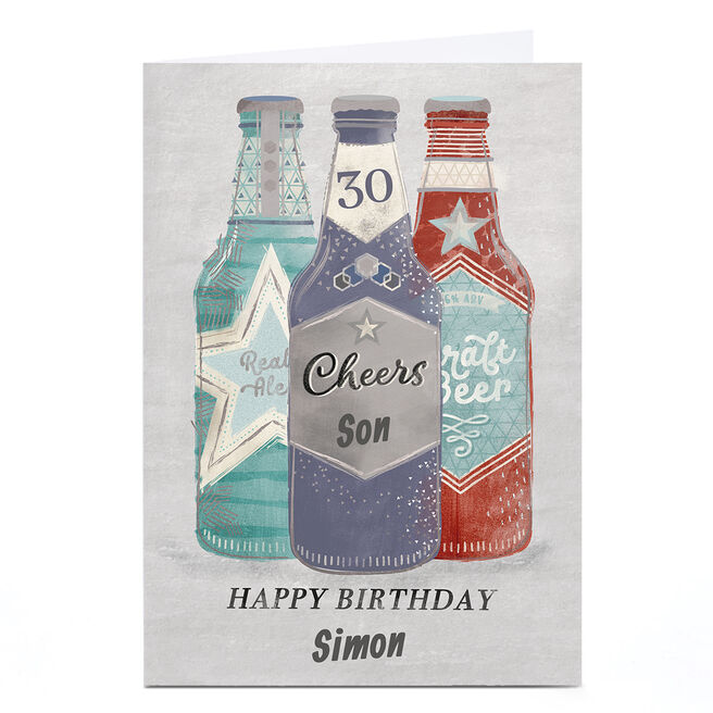 Personalised Birthday Card - Cheers Beer Bottles, Editable Age