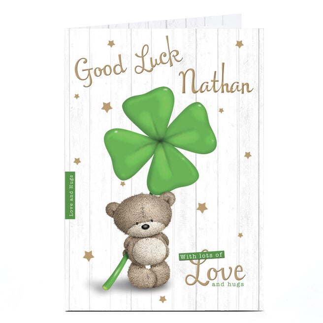 Personalised Hugs Bear Good Luck Card - Four-Leaf Clover