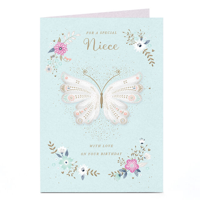 Birthday Card - Pastel Blue Florals and Butterfly, Niece
